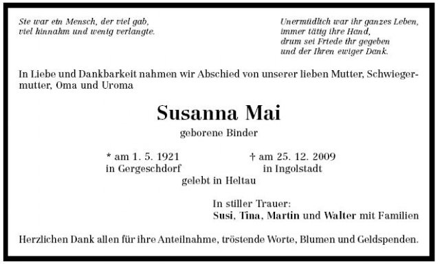 Binder Susanna 1921-2009 Todesanzeige